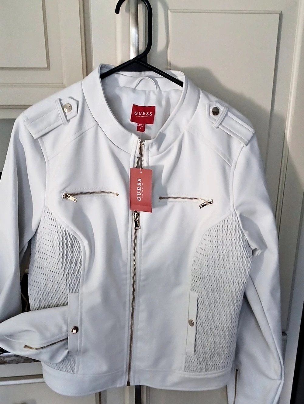 GUESS Donna PU Jacket White Moto Jacket Size Large